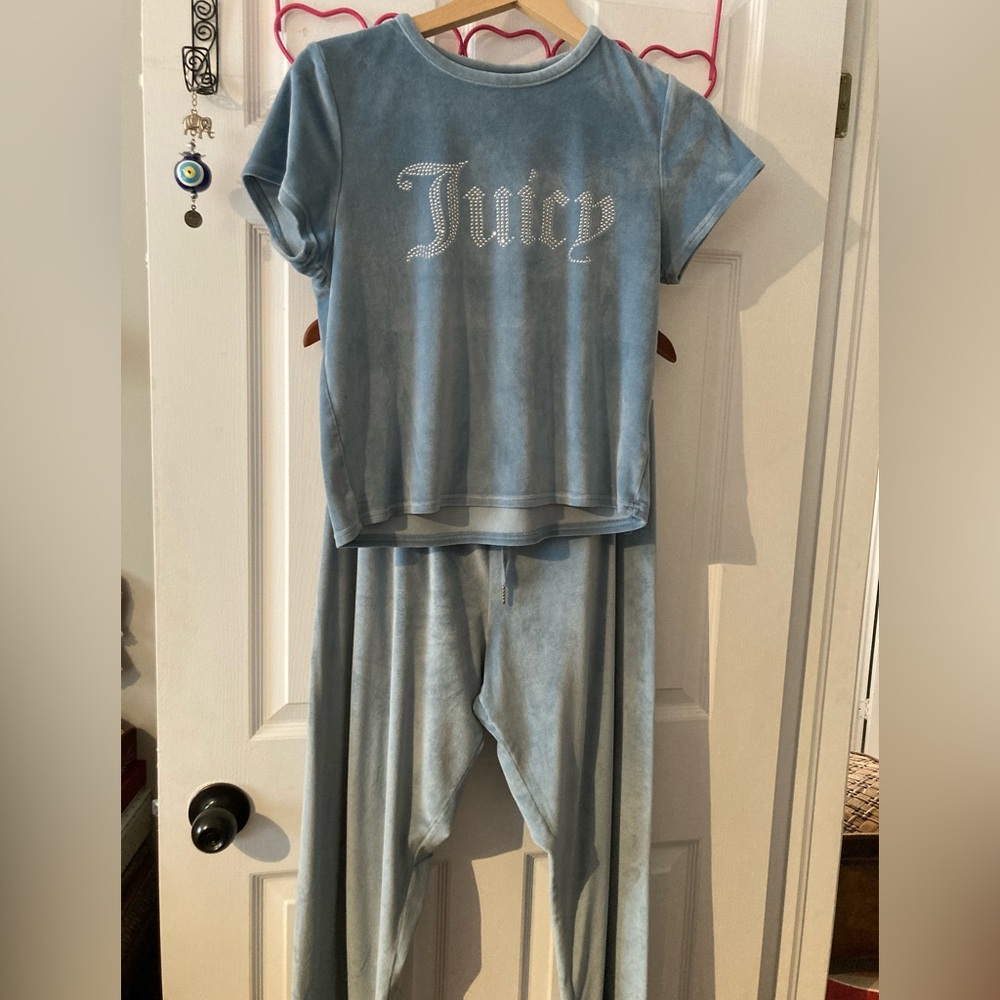 Juicy Couture Light Blue Velour Rhinestone Logo Pajama Set